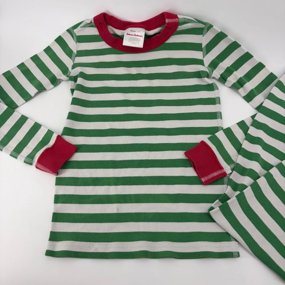 Hanna Andersson‎ Kids 8 Organic Cotton Pajamas Green White Striped Christmas PJs